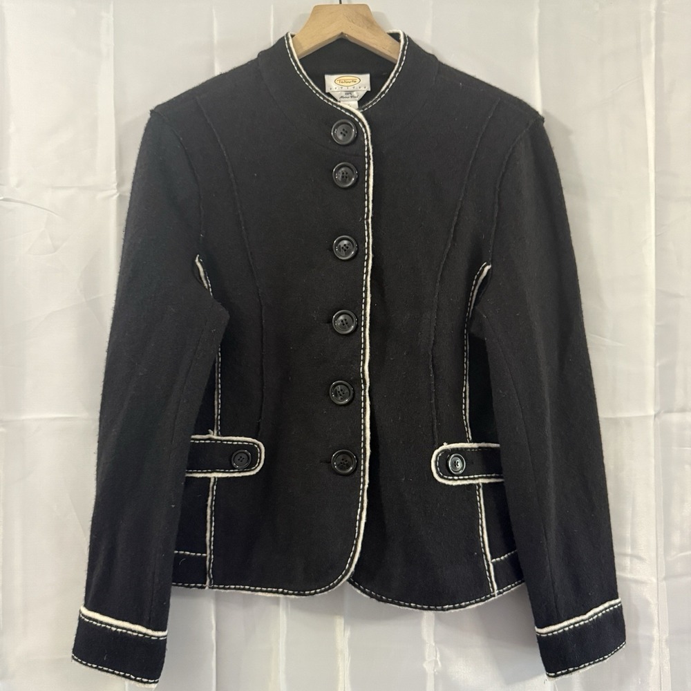 Vtg Talbots Jacket Black 100% Merino Wool Knit Jacket Parisian Luxe Petite L